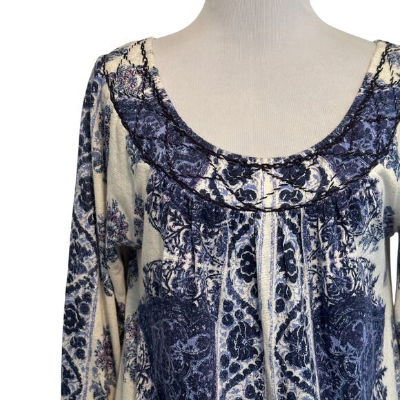 Lucky Brand Boho Top Womens Small Blue & Cream Embroidered Knit Linen Cotton - Picture 2 of 7
